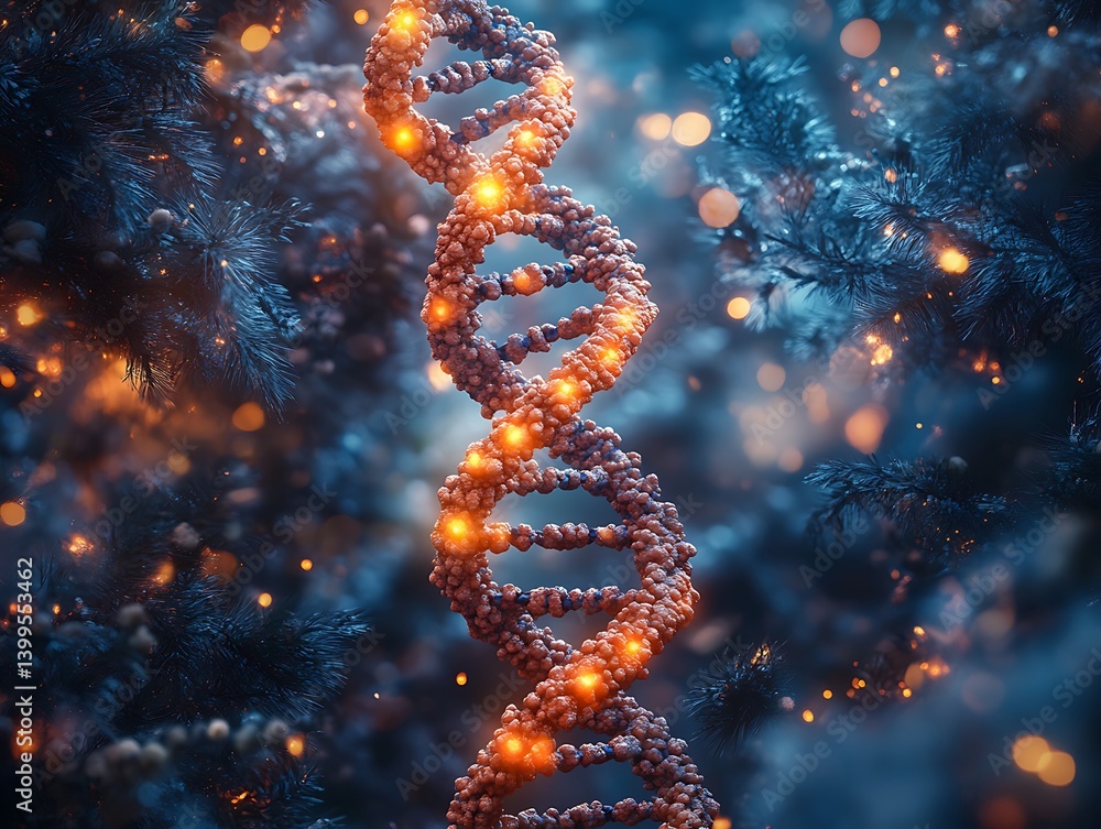 Poster dna helix in the spotlight of science: the iconic double helix structure of dna glows, representing 