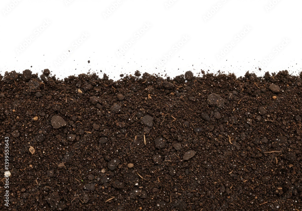 Poster a close up view of dark brown soil against a white background with visible texture and particles