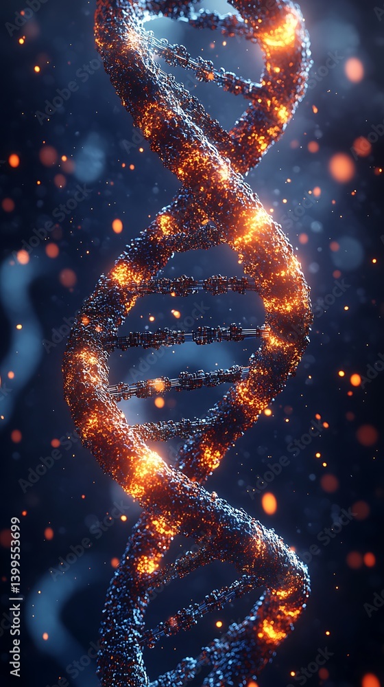 Poster dna helix with sparkling particles: an evocative image of a dna helix, radiating with fiery light an