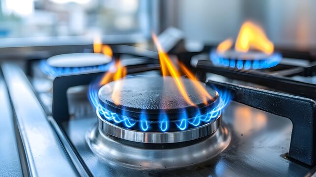 Sophisticated and high end dual fuel gas stove featuring a sleek design with gleaming brass burners and a touch screen ignition system for a modern cutting edge cooking experience in the kitchen