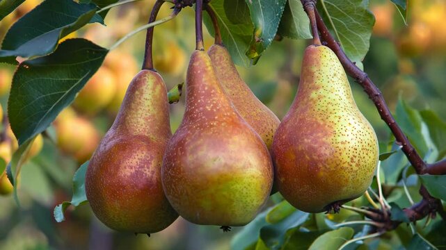 Pears on a branch of a tree in an orchard