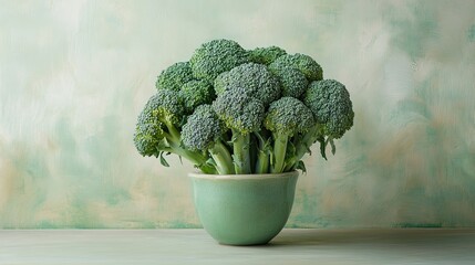Broccoli florets arranged in a green pot against a textured green and white background in studio light