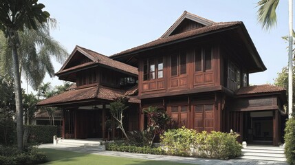 Traditional wooden house in a tropical garden. Possible use stock photo for real estate, architecture, travel brochures, design inspiration