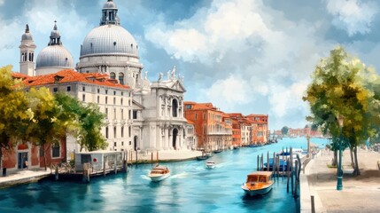 Naklejka premium Romantic Canals of Venice: Elegant Palaces, Rich Details, Soft Lighting, Sepiatone Aesthetic - Oil Painting Chaos 15