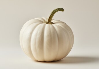 A single white pumpkin with a green stem sitting on a neutral surface in a studio setting light filled