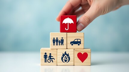 Hand holding umbrella wood block cover Insurance icon,top of wooden blocks that represent different forms of insurance, such as health, family, and car protection.