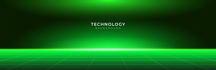 Abstract Green Futuristic Horizon Background with  Neon Light Effect for Product Presentation, Perspective Template, Vector