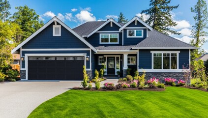 Modern house with manicured lawn and landscaping