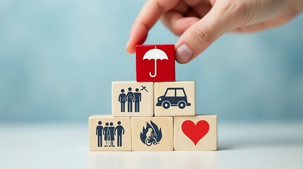 Hand holding umbrella wood block cover Insurance icon,top of wooden blocks that represent different forms of insurance, such as health, family, and car protection.