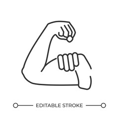 Strong arm line icon. Sportive person demonstrating muscles. Gym rat enjoying exercises. Body building lifestyle. Isolated vector illustration. Outline symbol. Simple linear drawing. Editable stroke