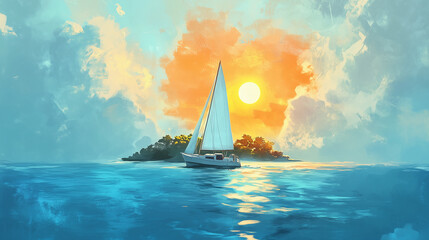 Sailboat on Calm Ocean with Clouds