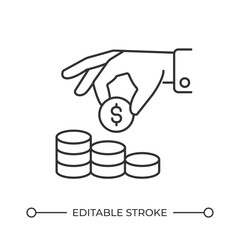 Hand putting coin on stack line icon. Savings investment program. Money earnings amount. Business profit. Isolated vector illustration. Outline symbol. Simple linear drawing. Editable stroke