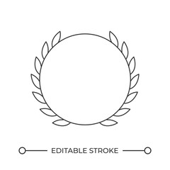 Obraz premium Circular mockup badge with laurel leaves line icon. Reward for winner decorated with olive twigs. Premium service. Isolated vector illustration. Outline symbol. Simple linear drawing. Editable stroke