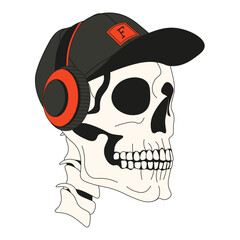 Stylish Halloween Dead Head isolated transparent background. Funky music poster cover template design. Skull in cap and headphones. Vector illustration for t-shirt print copybook cover design. EPS 10