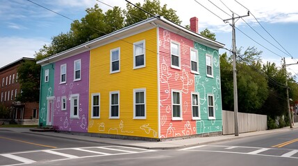 Colorful mural house on street corner with bright yellow, green, and pink siding and playful designs