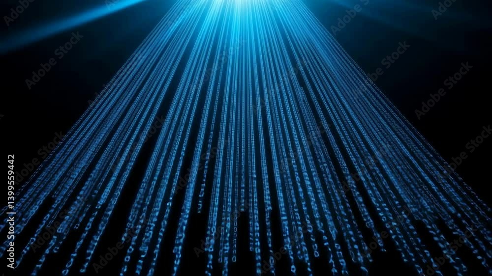 Poster bright blue light beams emanate from the top center, spreading downwards in a conical shape against 