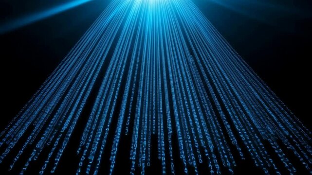 Bright blue light beams emanate from the top center, spreading downwards in a conical shape against a dark background, possibly representing data streams or a technological display.