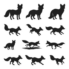 Silhouette foxes set: Artistic silhouettes of foxes in various poses against a clean backdrop, perfect for conveying themes of cunning, nature, and wilderness in a clean and versatile manner.