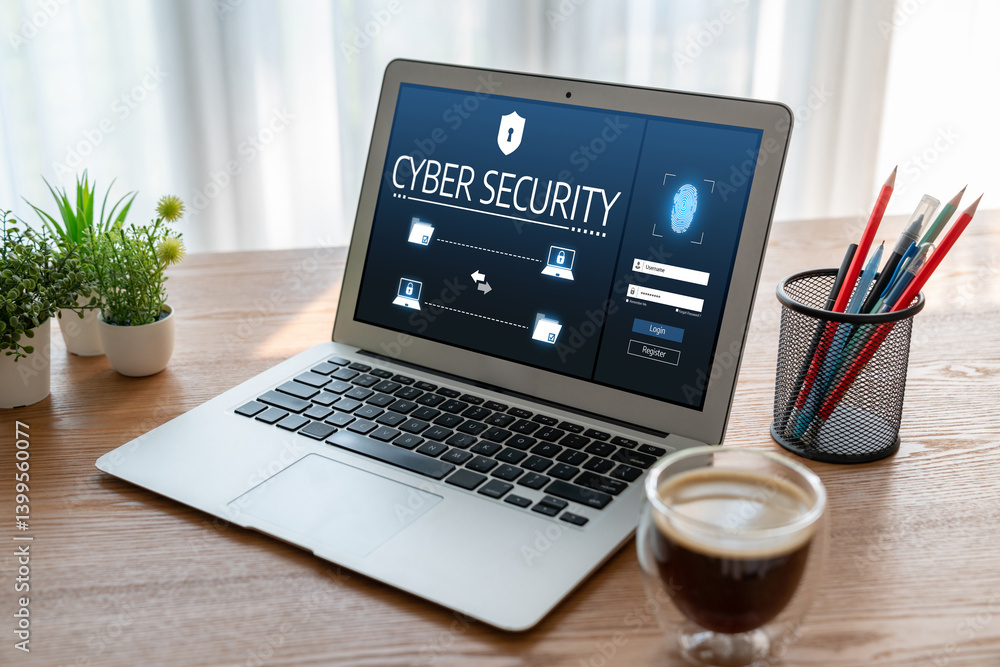 Poster cyber security system on computer screen protect private information snugly from hacker and cyber at