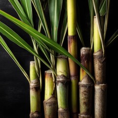 Fototapeta premium Close-up of sugarcane stalks with vibrant leaves. Fresh, healthy stalks showcasing the natural color variations