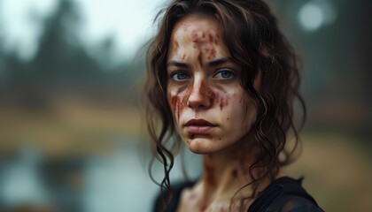 Survival struggle young woman in wilderness portrait intense mood dramatic setting close-up perspective