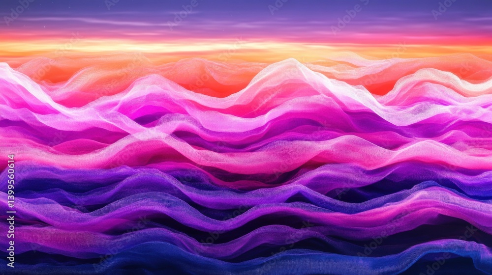 Poster vivid colors blend in an abstract representation of hills and waves during a sunset, creating a sere