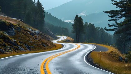 Winding rainy road journey through lush mountains scenic landscape photography serene environment