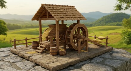 Obraz premium The backdrop showcases vibrant green rice terraces under a serene sky, creating a charming rural scene.