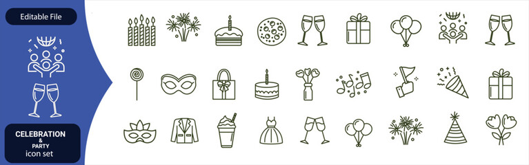 celebration & party line editable icon set. Birthday Line Icons Editable Stroke.