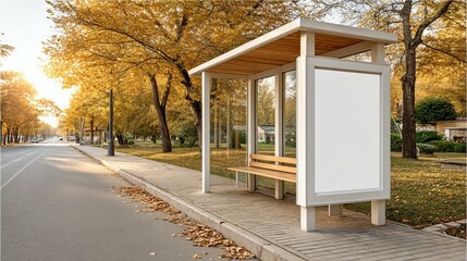 Fototapeta premium Detailed blank white billboard over a bus stop at sunrise, warm golden light, quiet urban street, serene vibe