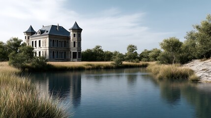 Obraz premium Scenic view of a vintage mansion by a serene lake surrounded by lush greenery and tall grass