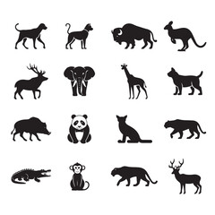 Diverse Animal Silhouettes Collection - A Unique Array of Black Animal Designs Featuring Dogs, Elephants, Giraffes, Cats, Bears, Foxes, Ducks, and More for Illustrations, Logos