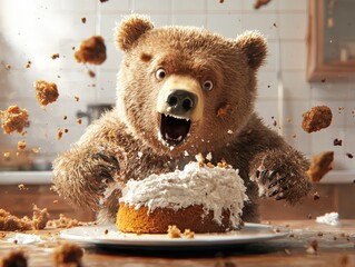 A surprised bear lunges for a cake. Crumbs fly as it dives, eyes wide with a mix of shock and eagerness in a chaotic kitchen scene.