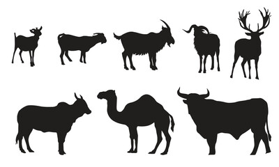 Farm and Wildlife Animal Silhouettes Collection – A Diverse Array of Black Animal Designs Featuring Goats, Cows, Camels, Deer, and More for Illustrations, Logos, and Agricultural Projects.