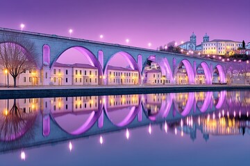 A realistic photo of the Dom Lu&Atilde;&shy;s I Bridge at sunset with reflections on the Douro River