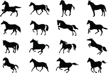 Horse Silhouettes Collection - A Graceful Array of Black Horse Designs Featuring Various Poses and Movements Perfect for Illustrations, Logos, and Equestrian Projects.