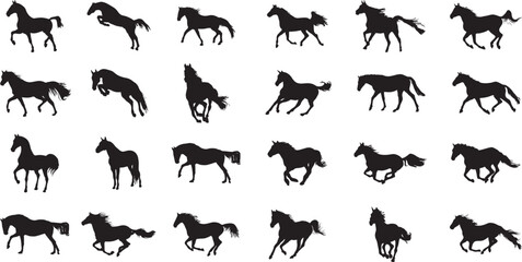 Horse Silhouettes Collection - A Dynamic Array of Black Horse Designs Featuring Various Poses and Movements Perfect for Illustrations, Logos, and Equestrian Projects.