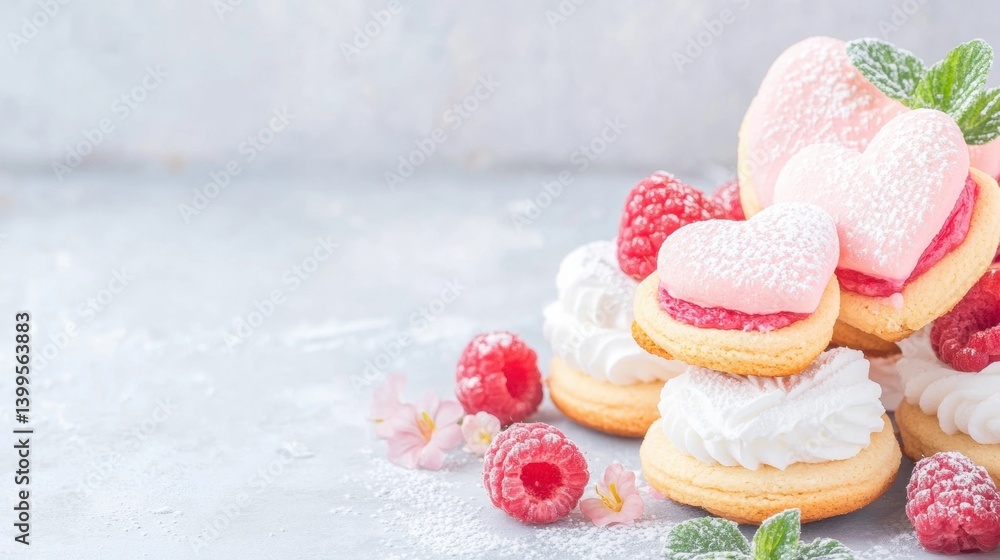Poster colorful heart-shaped cookies with cream and raspberries create a delightful display perfect for a s