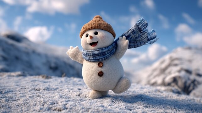 Cheerful snowman with scarf and hat walking on snow hill on sunny day