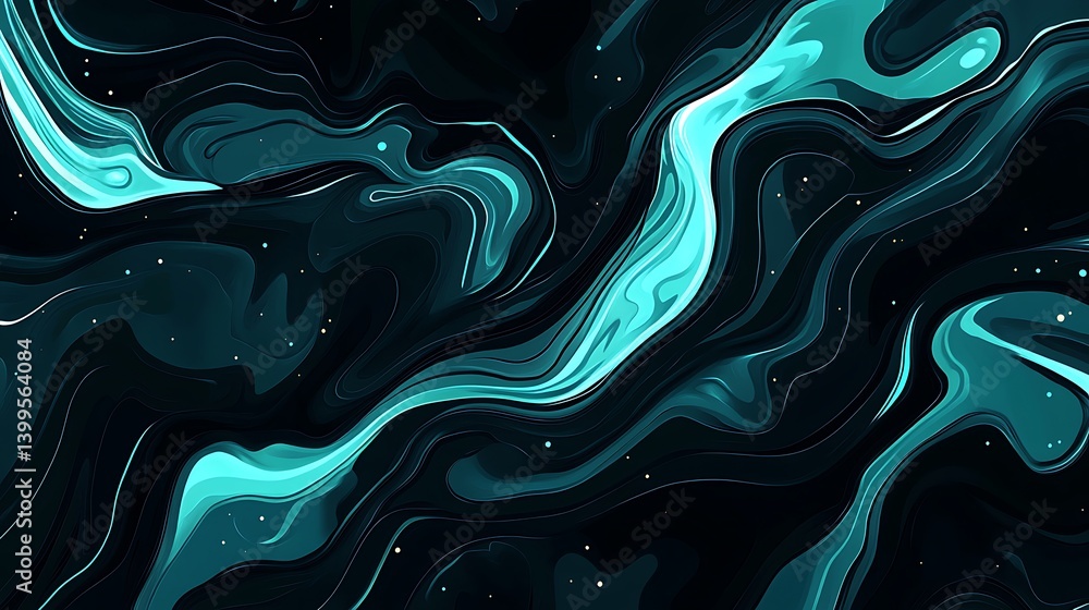 Poster abstract swirling teal and black liquid marble design. intricate patterns of flowing, dynamic color 