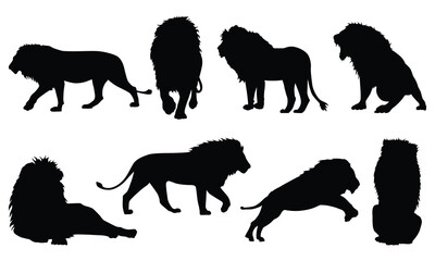 Lion Silhouettes Collection - A Powerful Array of Black Lion Designs Perfect for Illustrations, Logos, and Wildlife Projects Featuring Various Poses and Stances.