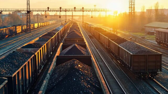 Coal freight trains at industrial railway station during sunset, energy transport scene