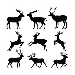 Deer Silhouettes Collection - A Graceful Array of Black Deer Designs Featuring Various Poses and Movements Perfect for Illustrations, Logos, and Wildlife Projects.