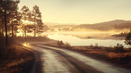 Fototapeta premium Serene Sunrise Over Foggy Lake with Curved Road and Pine Trees