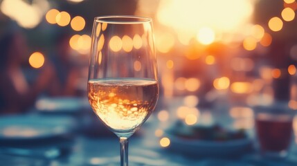 A sparkling wine glass filled with a golden drink catches the warm sunlight at an outdoor event, creating a vibrant and inviting atmosphere