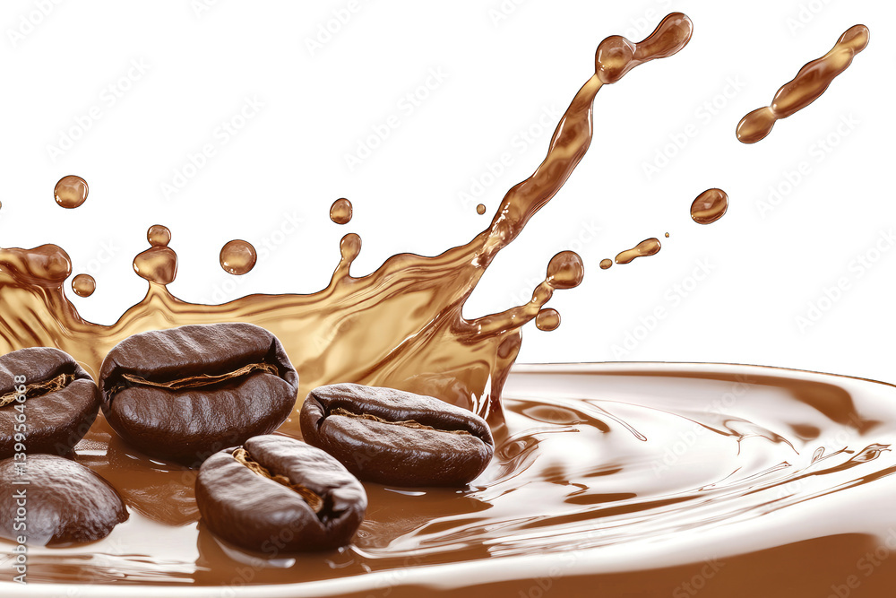 Poster coffee beans splashing in a pool of liquid emphasizing the rich dynamic interaction between the elem