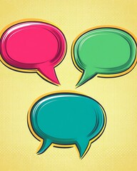 Three colorful speech bubbles on a yellow background