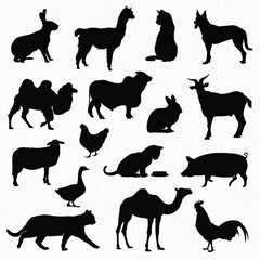 Farm Animal Silhouettes Collection - Featuring Rabbits, Goats, Dogs, Cats, Chickens, and More for Illustrations, Logos, and Agricultural Projects with a Diverse Range of Black Animal Designs.