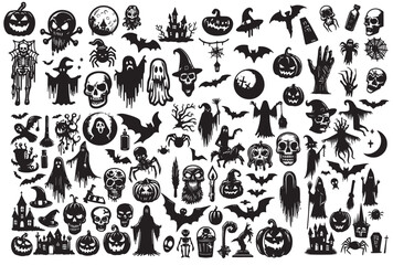 Obraz premium Spooky Halloween Icons Collection - A Diverse Array of Haunting Illustrations Perfect for Decorations, Invitations, and Themed Events, Featuring Ghosts, Pumpkins, Bats, and More for a Frighteningly
