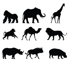 Wild Animal Silhouettes Collection - Featuring Gorilla, Elephant, Giraffe, Lion, Rhino, and More for Illustrations, Logos, and Nature Projects